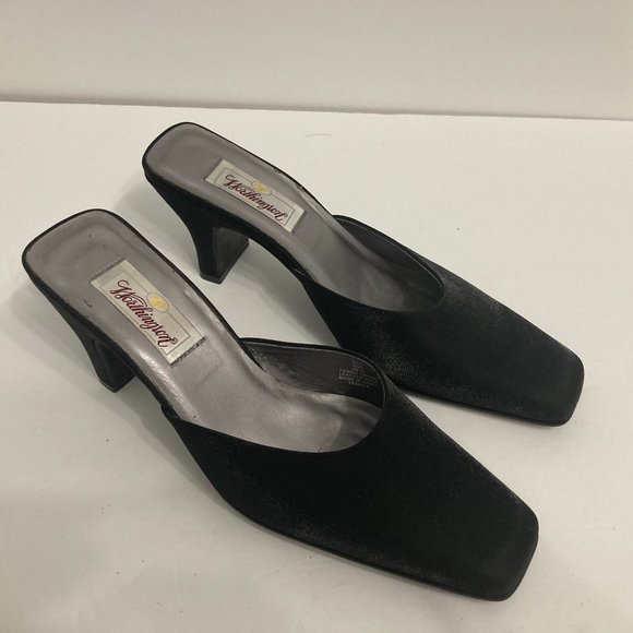 90s Y2K Black Satin Mules SQUARE TOE Slip on Heels Size 9 Worthington Witchcore - Picture 2 of 5